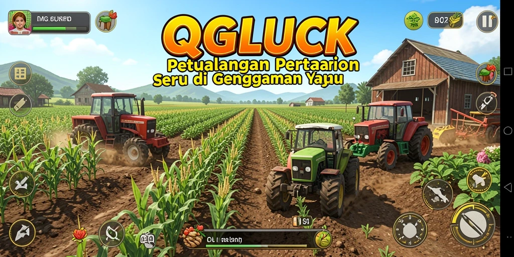 Screenshot gameplay <strong>QGLUCK</strong> menampilkan suasana pertanian yang cerah dan penuh warna.