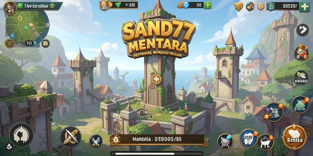 Tangkapan layar gameplay SAND77 yang menampilkan aksi menara pertahanan.